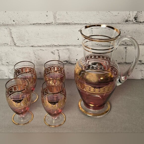 Vintage Pink & Gold Ombre Glass Pitcher Set – 5 Pc Mid-Century Barware - Picture 3 of 15